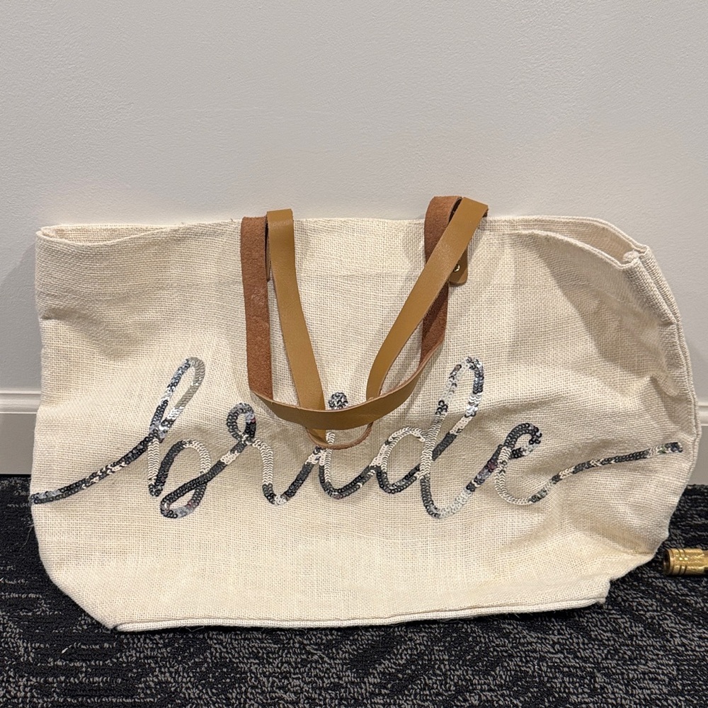 Bride Sequin Script Canvas Tote Bag with Tan Handles